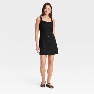Linen Mini Vest Dress Black Squareneck, Sleeveless, Front Button Down new 🆕
